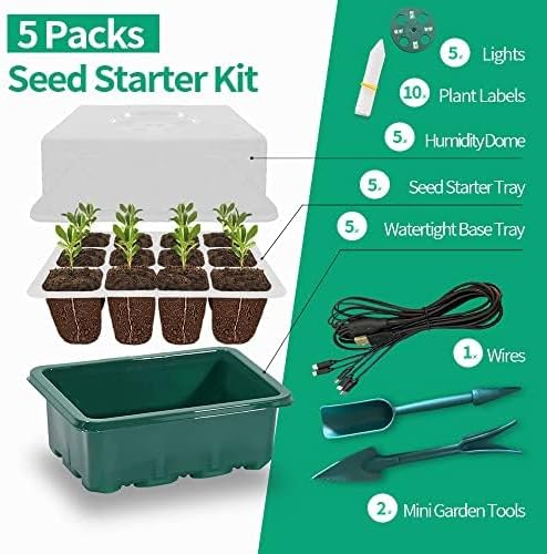 Seed Starter Kit with Humidity Dome, 5 Packs, Plastic Tray, Indoor/Outdoor Usage